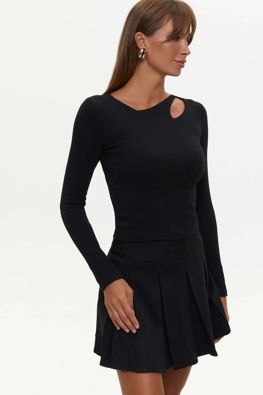 Black Asymmetric Neckline Long Sleeve Top Cuffed Summer - wear