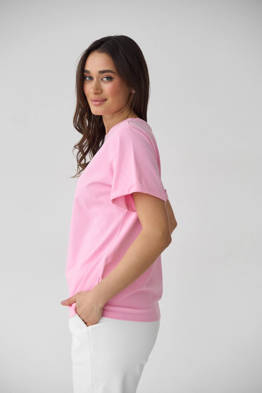 Firm Leather Pink Powder Oversized Roll Up Sleeve T-Shirt