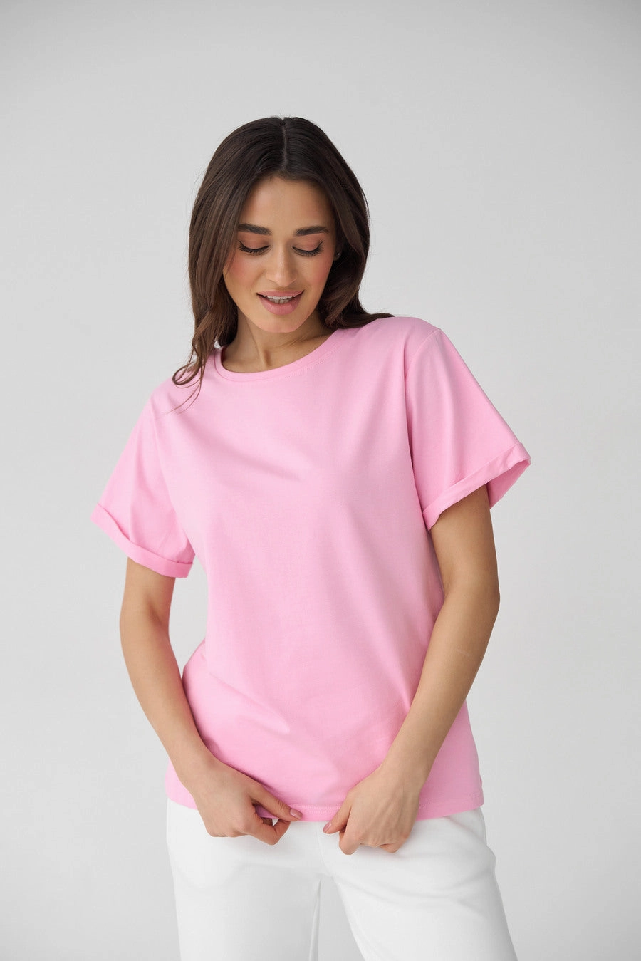 Pure Cotton Pink Powder Oversized Roll Up Sleeve T-Shirt