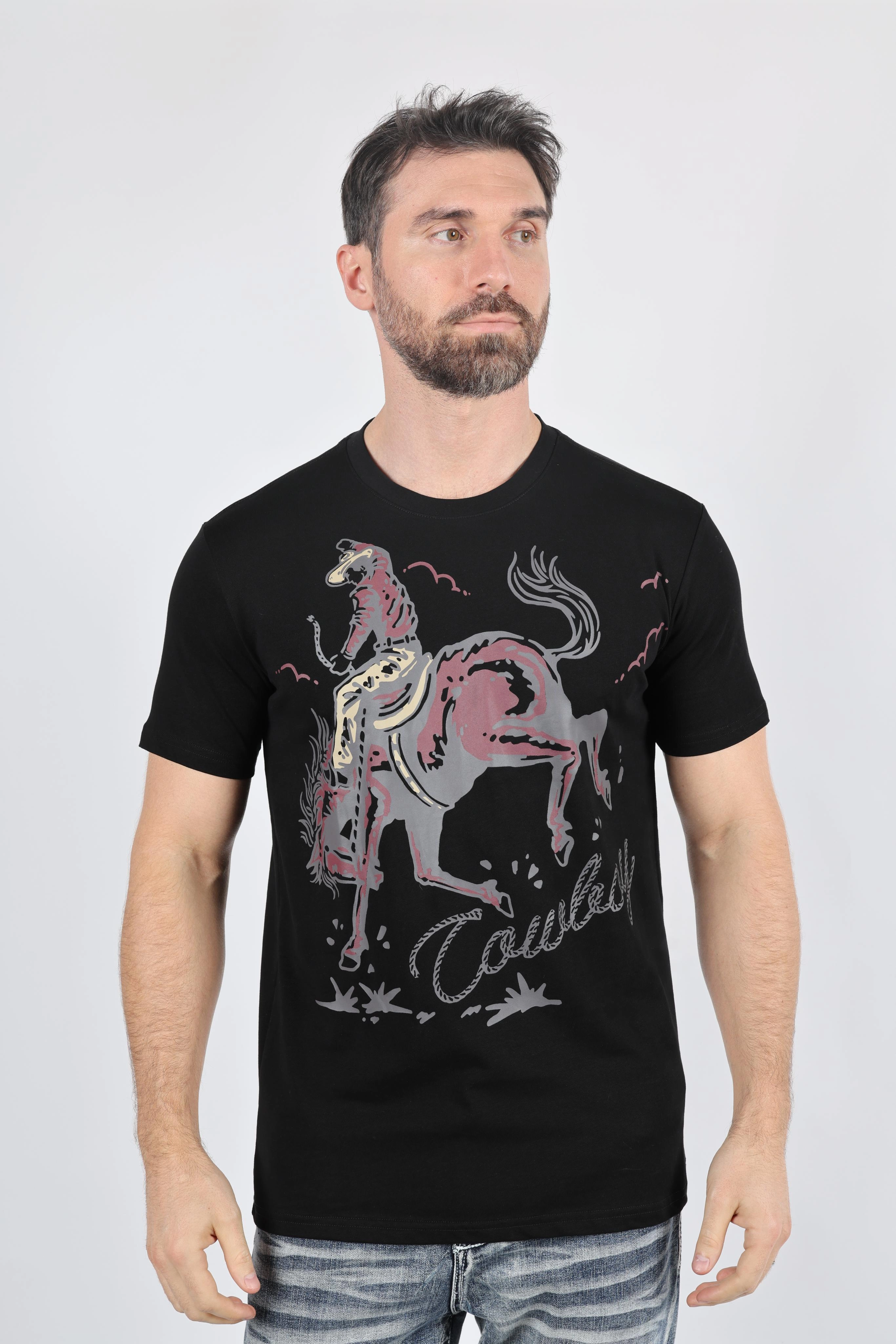 Mens Modern Fit Cotton Stretch Horse-Rider Print T-Shirt Trendy Fabric