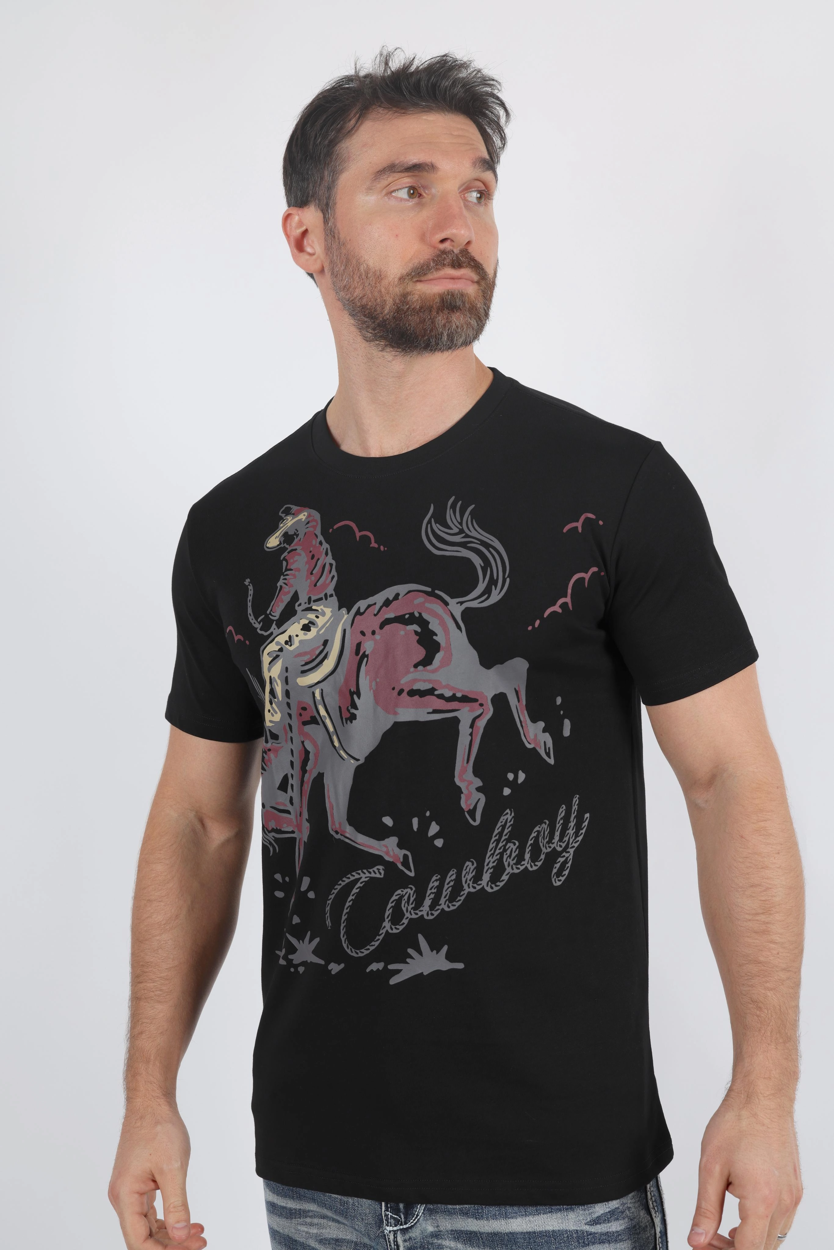 Ribbed Collar Design Mens Modern Fit Cotton Stretch Horse-Rider Print T-Shirt