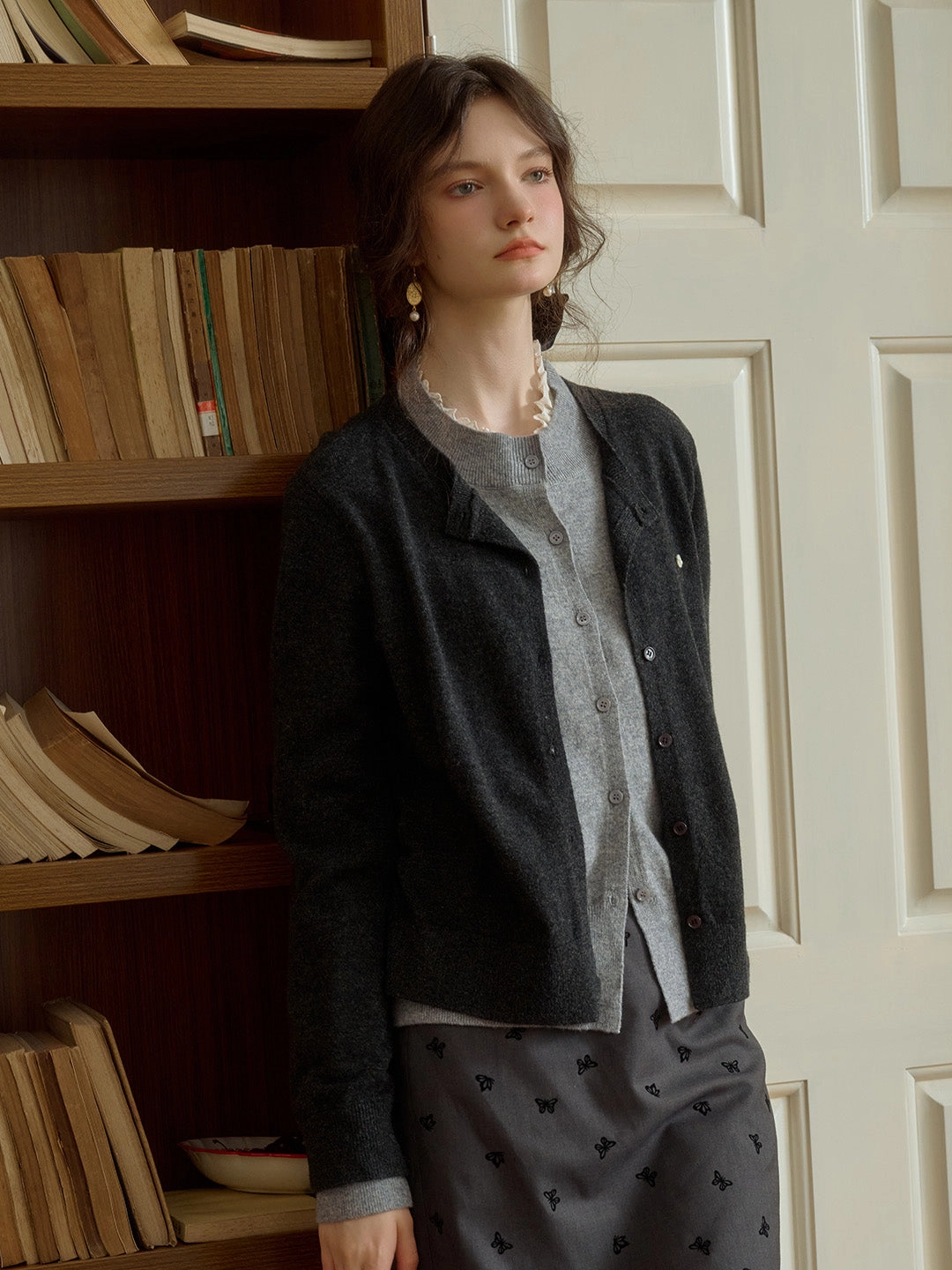 Nola SR Logo Round Neck Contrast Color Faux Two-Piece 100% Wool Cardigan - Black Gray Strong Denim Athletic Apparel