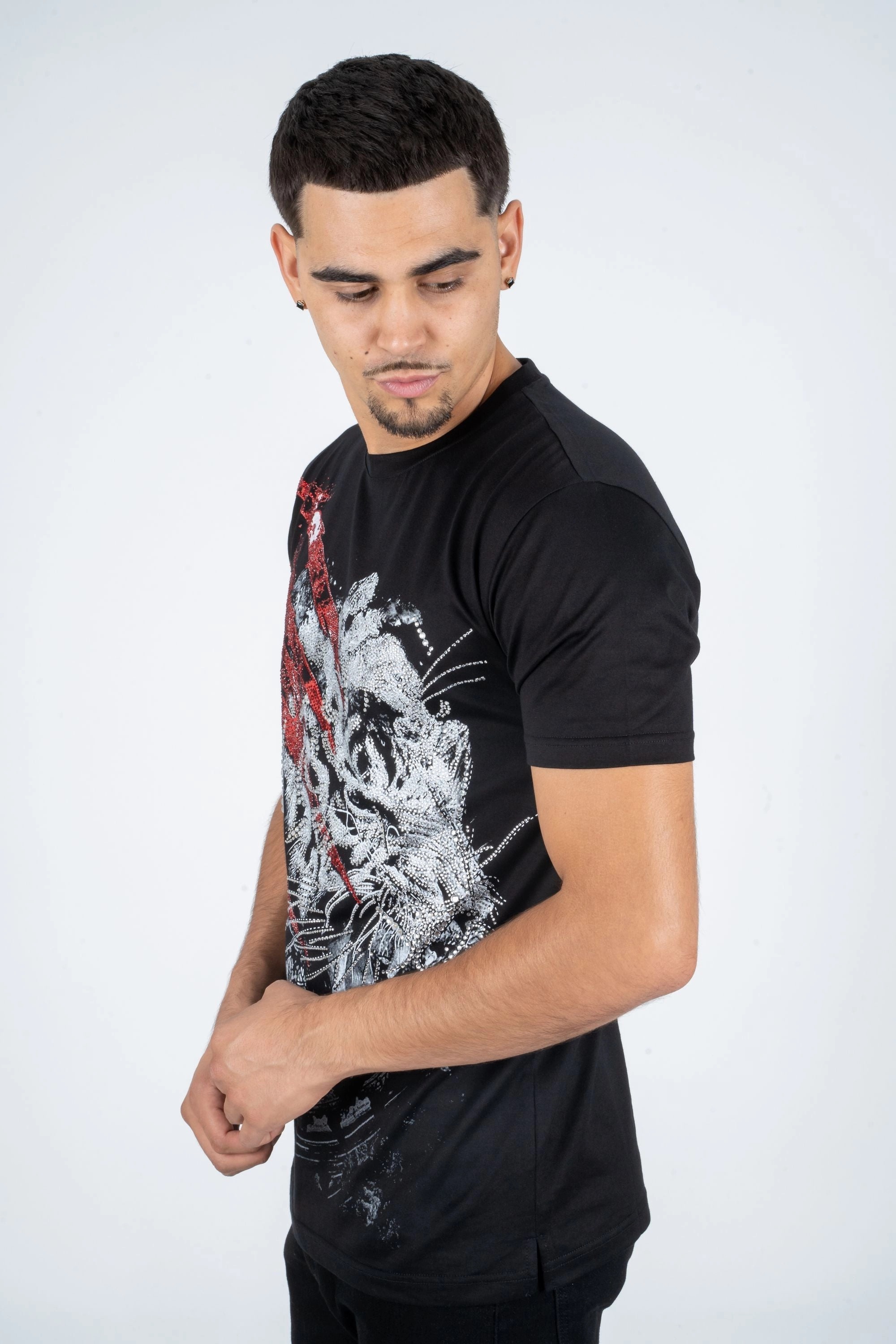 Matte Look Fashionable Option Men's Cotton Black Rhinestone T-shirt