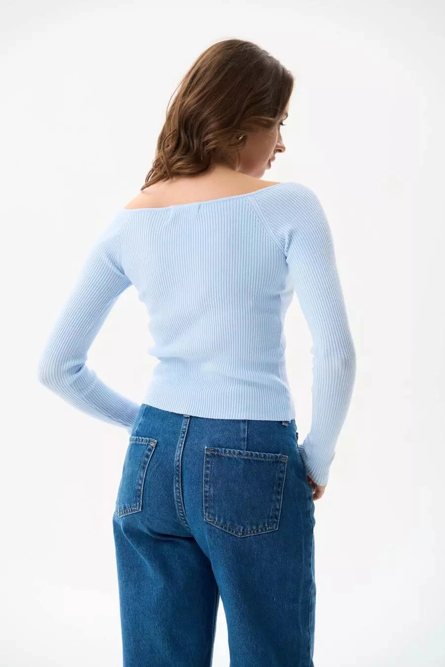 Blue Sweetheart Neckline Ribbed knit Long Sleeve Rural related