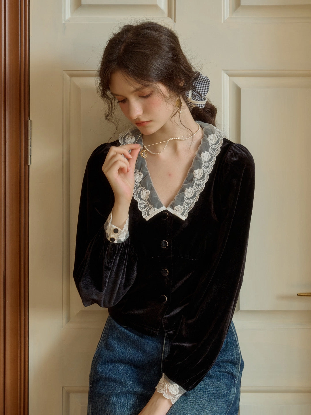 Beach Ease Megan Contrast Lace Lapel Cuffs Lace Splicing Velvet Blouse