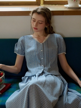 Hallie V-Neck Plaid Cotton Blouse Casual Shirt Glow Core