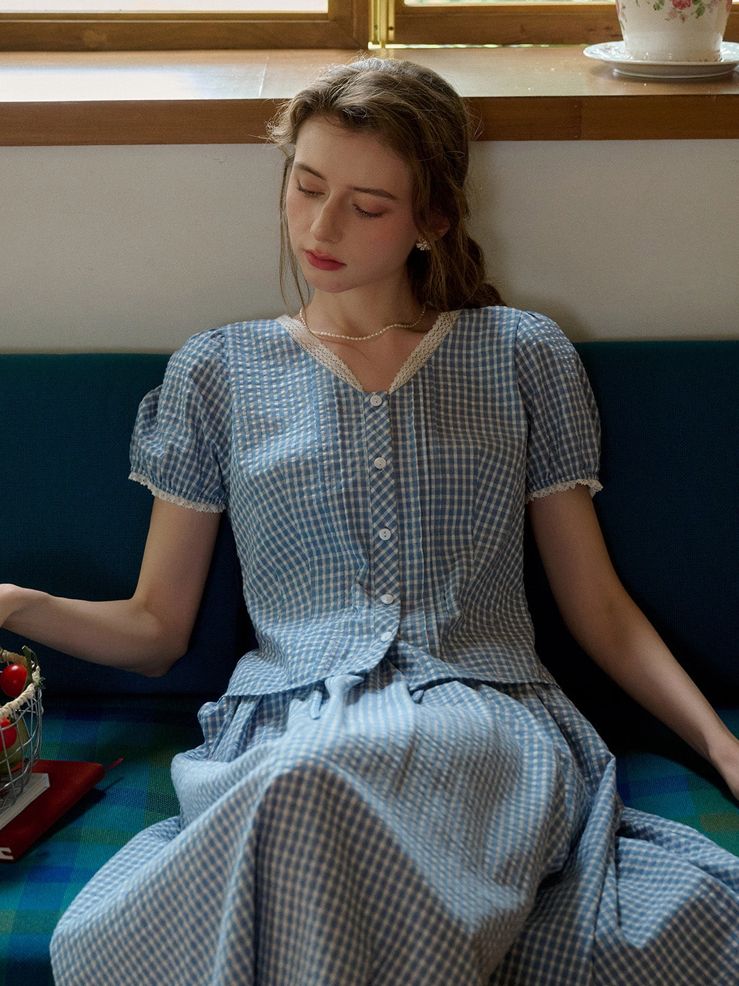 Hallie V-Neck Plaid Cotton Blouse Casual Shirt Glow Core