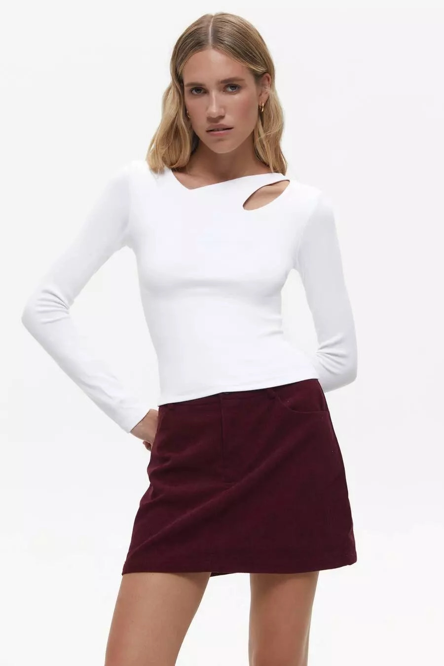 White Assymmetric Neckline Long Sleeve Top Influencer Travel related