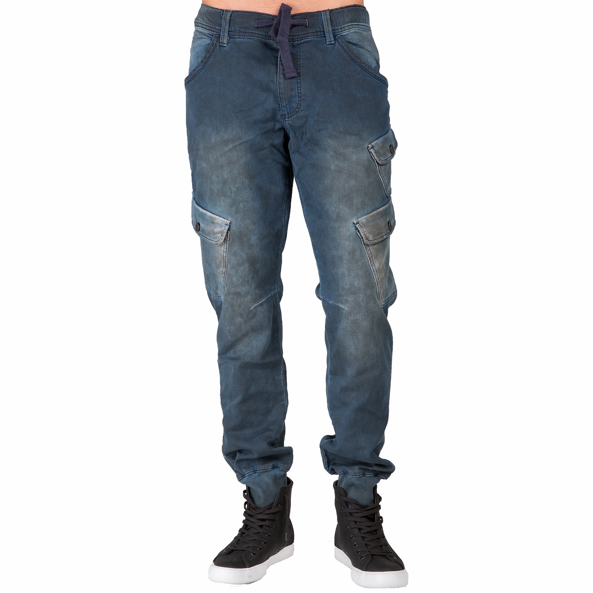 New Day Antibacterial lining Premium Indigo Knit Denim Jogger Jeans Angled Side Pockets Oil Stain Tinted Wash