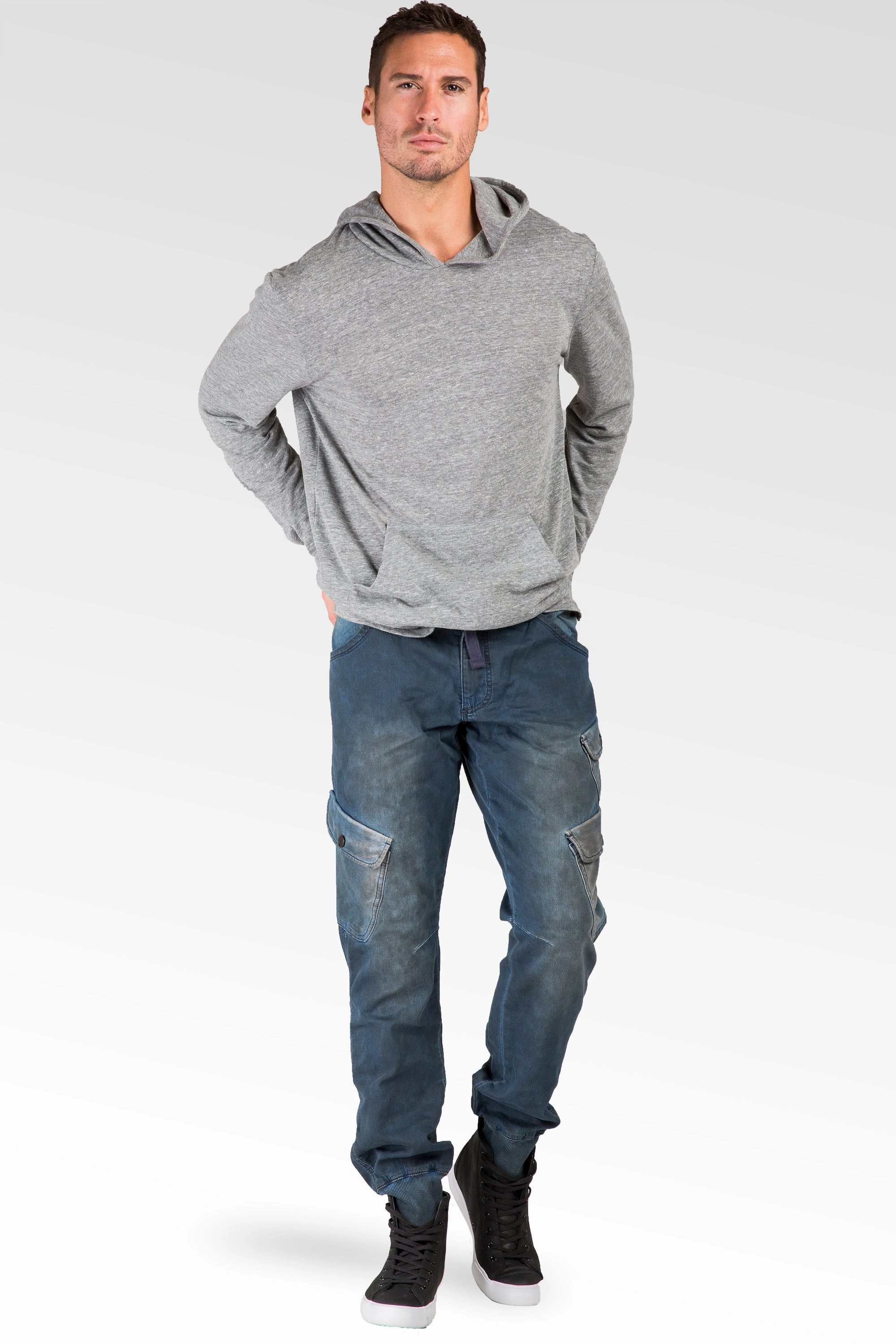 Premium Indigo Knit Denim Jogger Jeans Angled Side Pockets Oil Stain Tinted Wash Soft Knit Airflow Mesh Panels