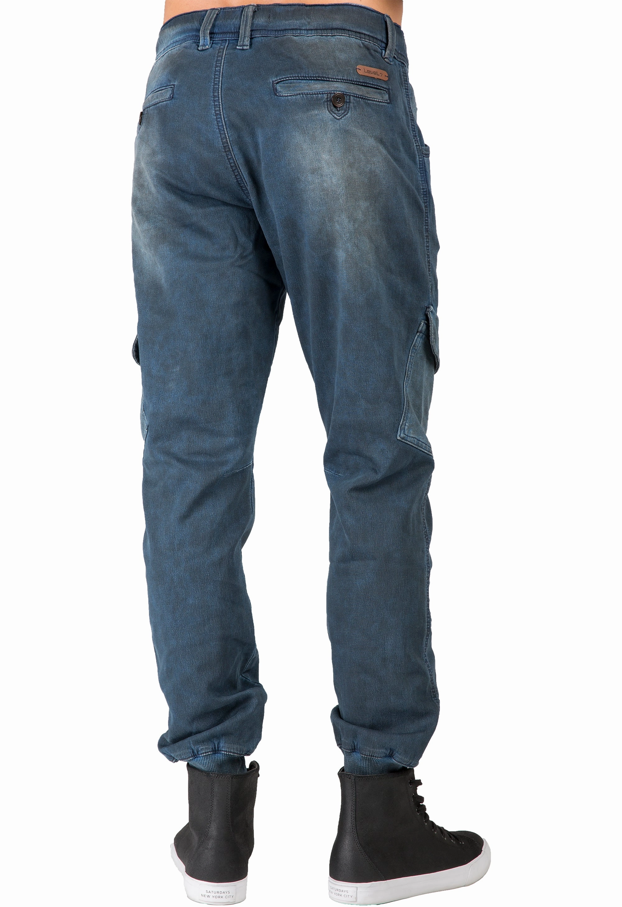 Cozy Sweatshirt Premium Indigo Knit Denim Jogger Jeans Angled Side Pockets Oil Stain Tinted Wash