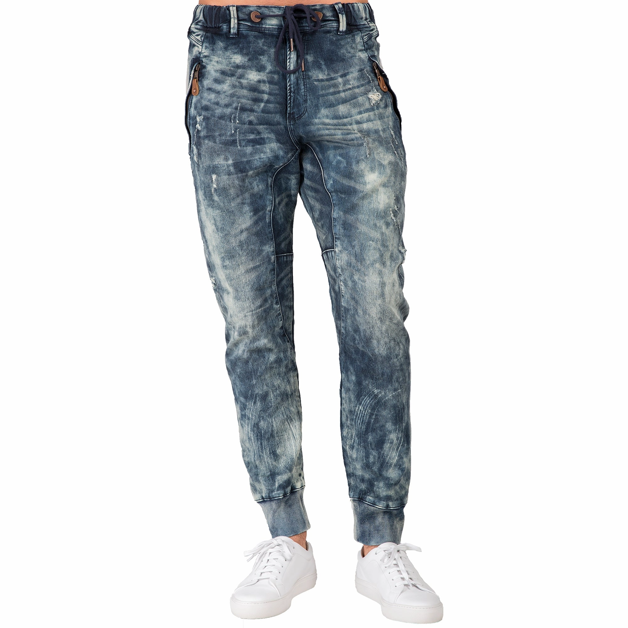 Charm Core Lean Glow Premium Knit Denim Cloud Vintage Washed Drop Crotch Jogger Jeans Zip Pockets