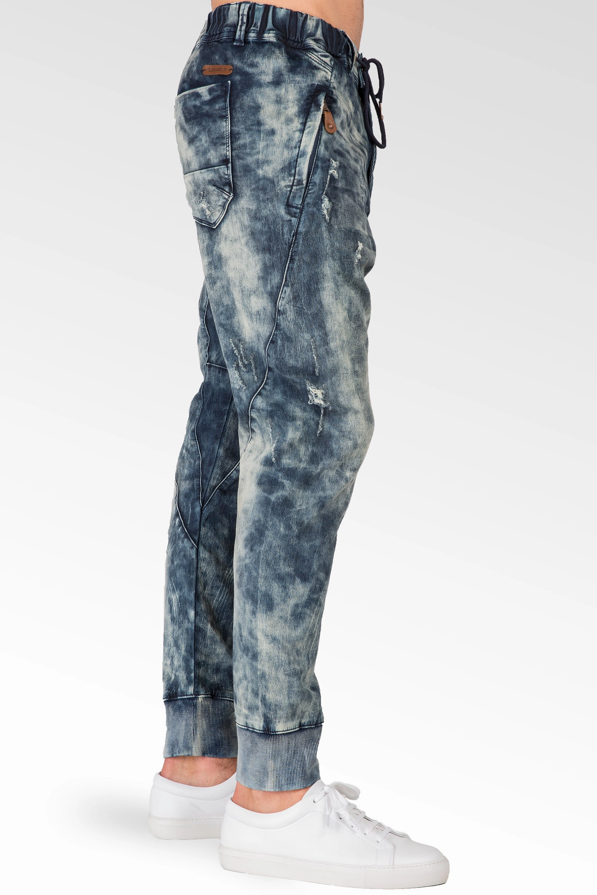 Morning Ease Premium Knit Denim Cloud Vintage Washed Drop Crotch Jogger Jeans Zip Pockets