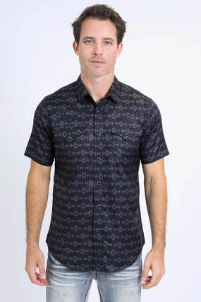 Seamless Side Panels Abstract art Mens Performance Western Short Sleeve Aztec Print Black Shirt