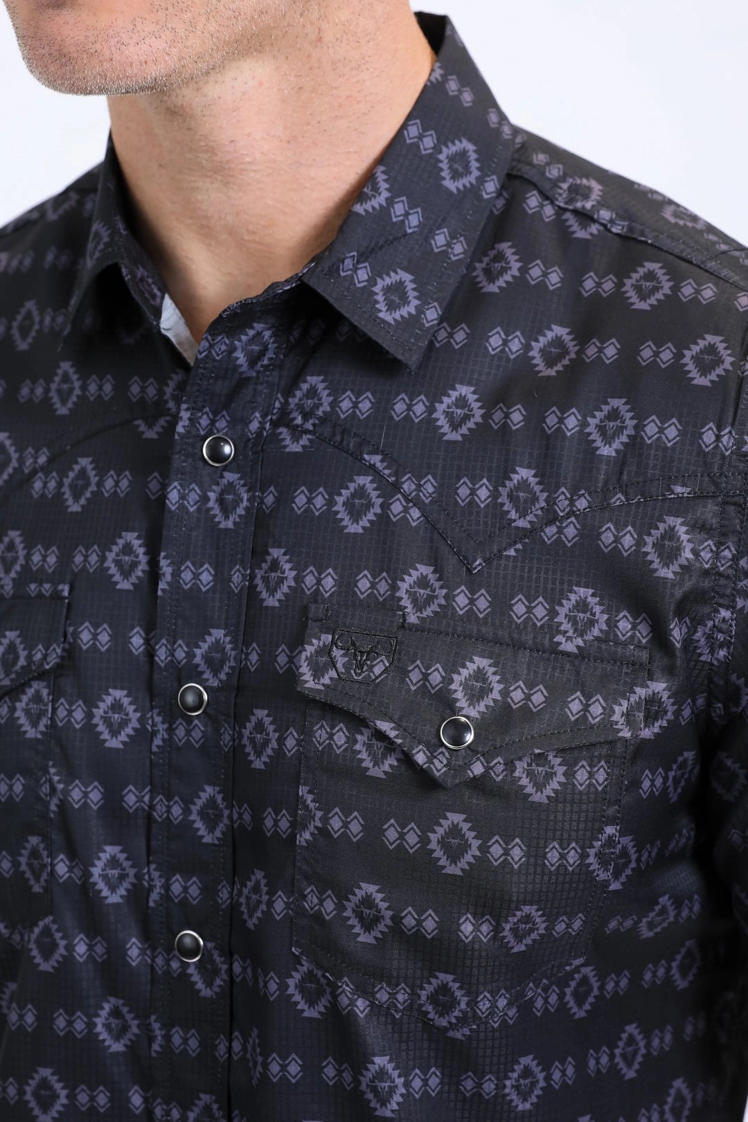 Double Stitched Seams Double Stitched Hems Mens Performance Western Short Sleeve Aztec Print Black Shirt