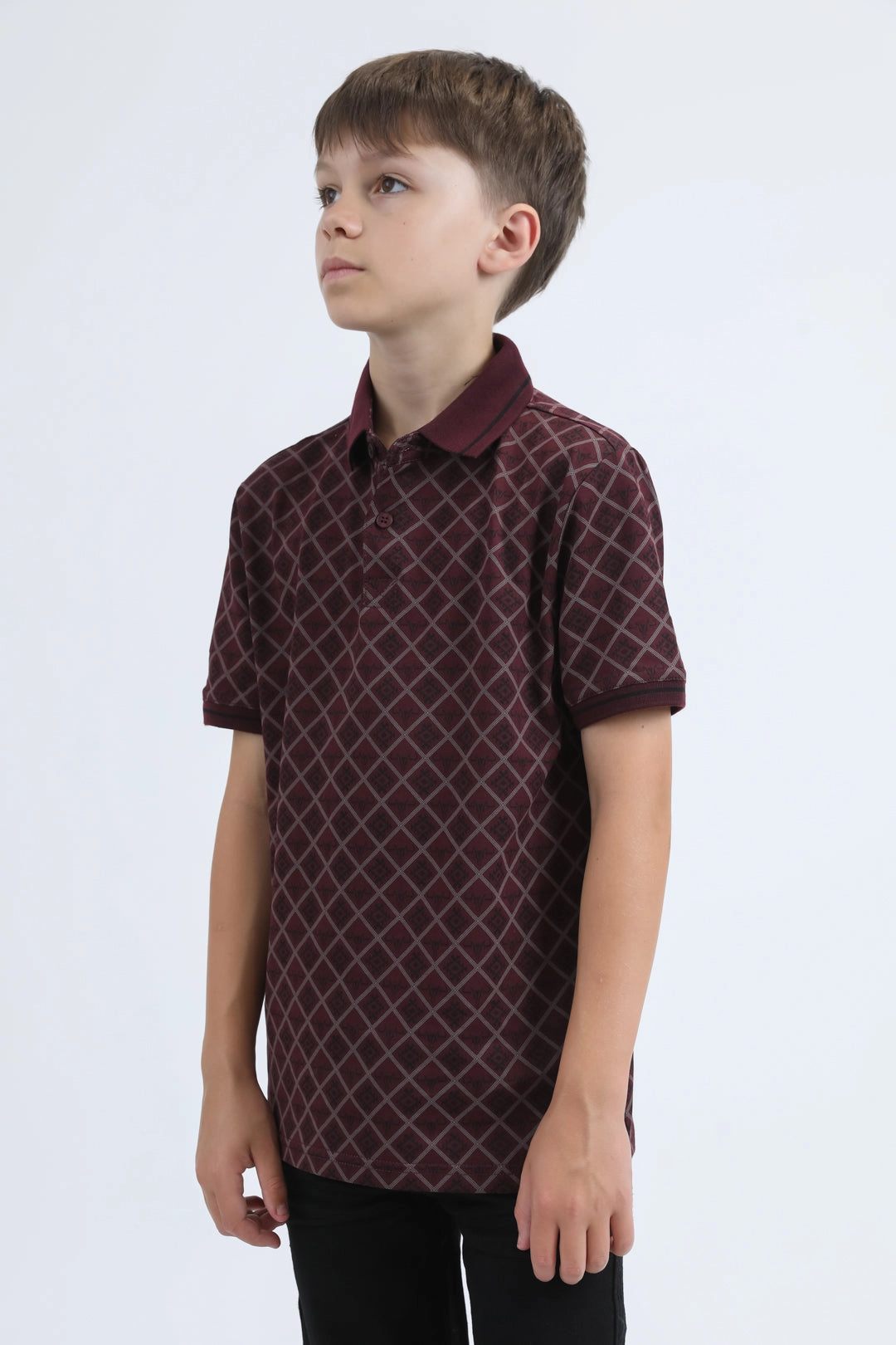 Kids Cotton Modern Fit Stretch Aztec Print Burgundy Polo Opaque Tone