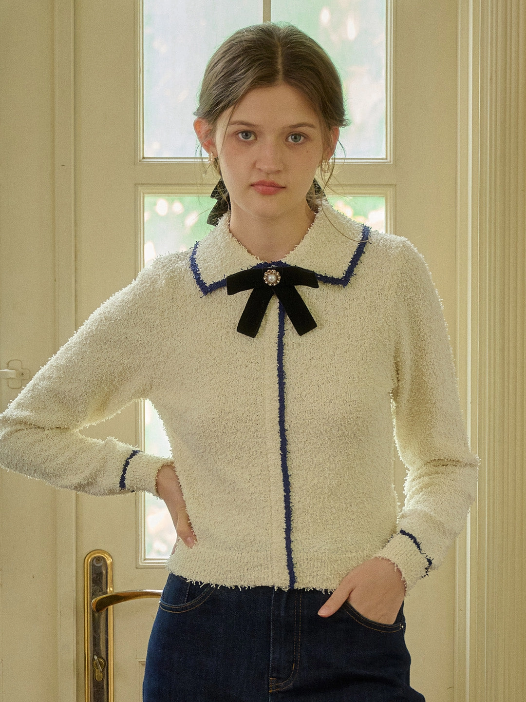 All weather ??Final Sale??Paige V-Neck Contrasting Trim Bow Sweater