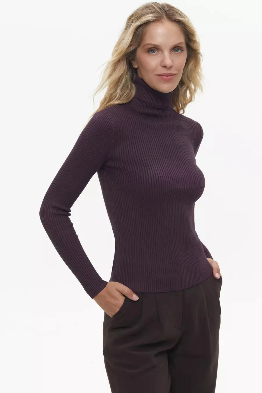 Plush Inner Lining Purple Fine Ribbed Turtleneck