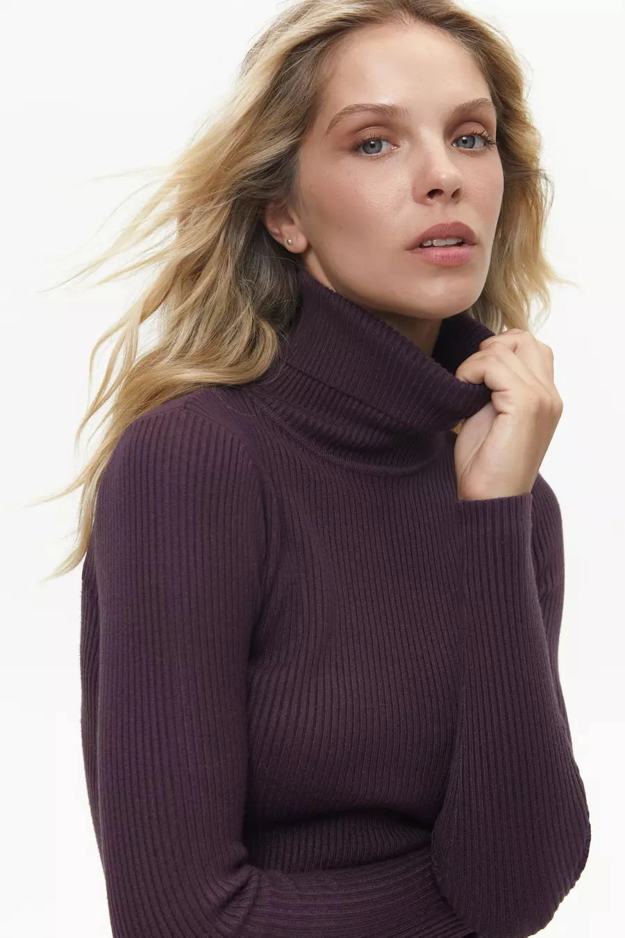 Purple Fine Ribbed Turtleneck Side Slit Design Chilly Fit Wear