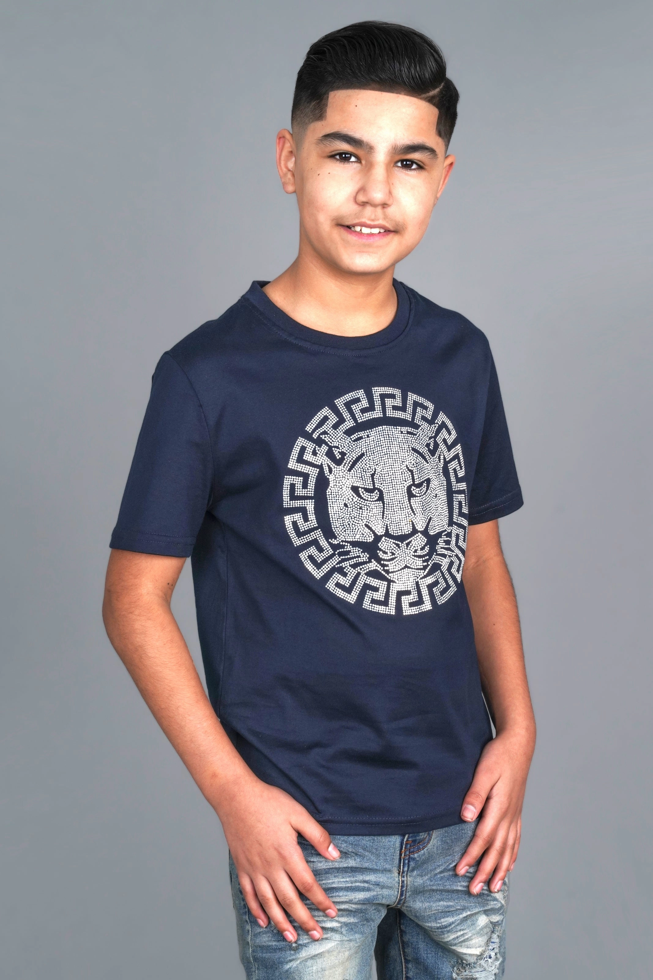 Kid's Cotton Navy Rhinestone T-shirt Premium Quality