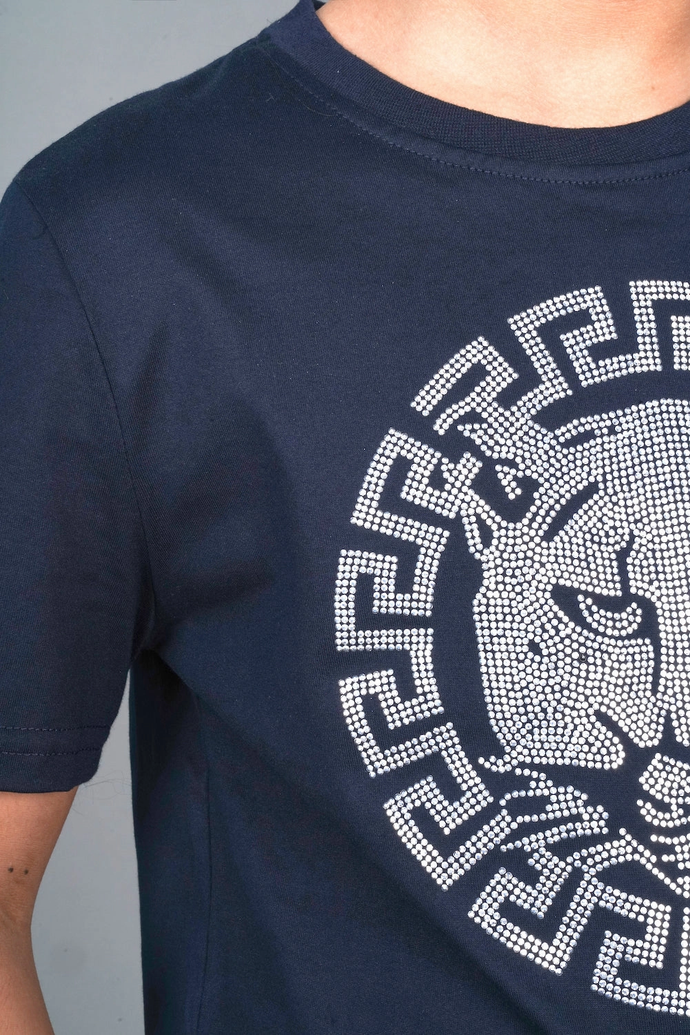 Twill Weave Stylish Appearance Kid's Cotton Navy Rhinestone T-shirt