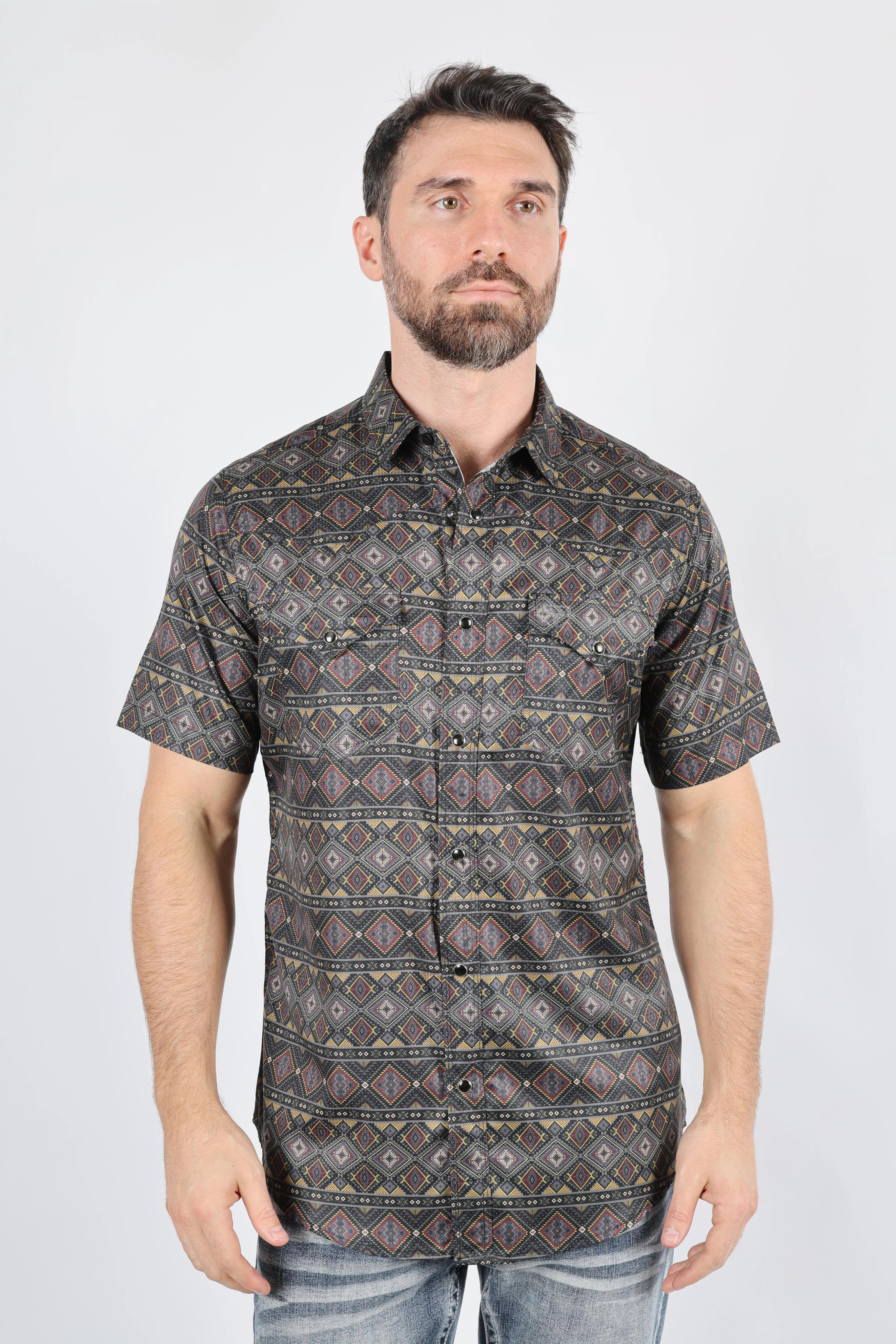 Odorless Binding Tape Versatile Clothing Mens Performance Classic Fit Western Short Sleeve Aztec Print Shirt