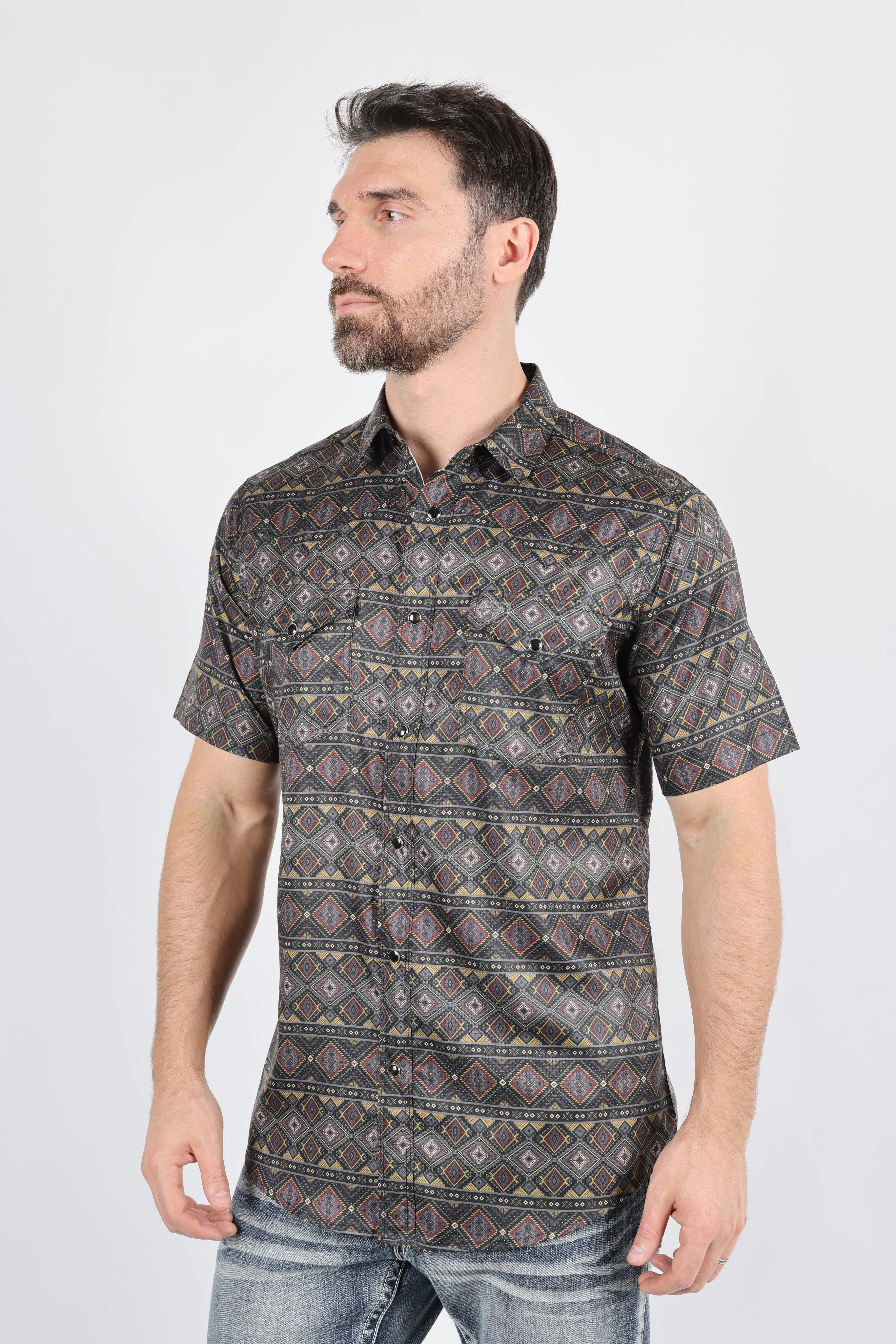 Mens Performance Classic Fit Western Short Sleeve Aztec Print Shirt Bold Pattern Water Repellent Finish