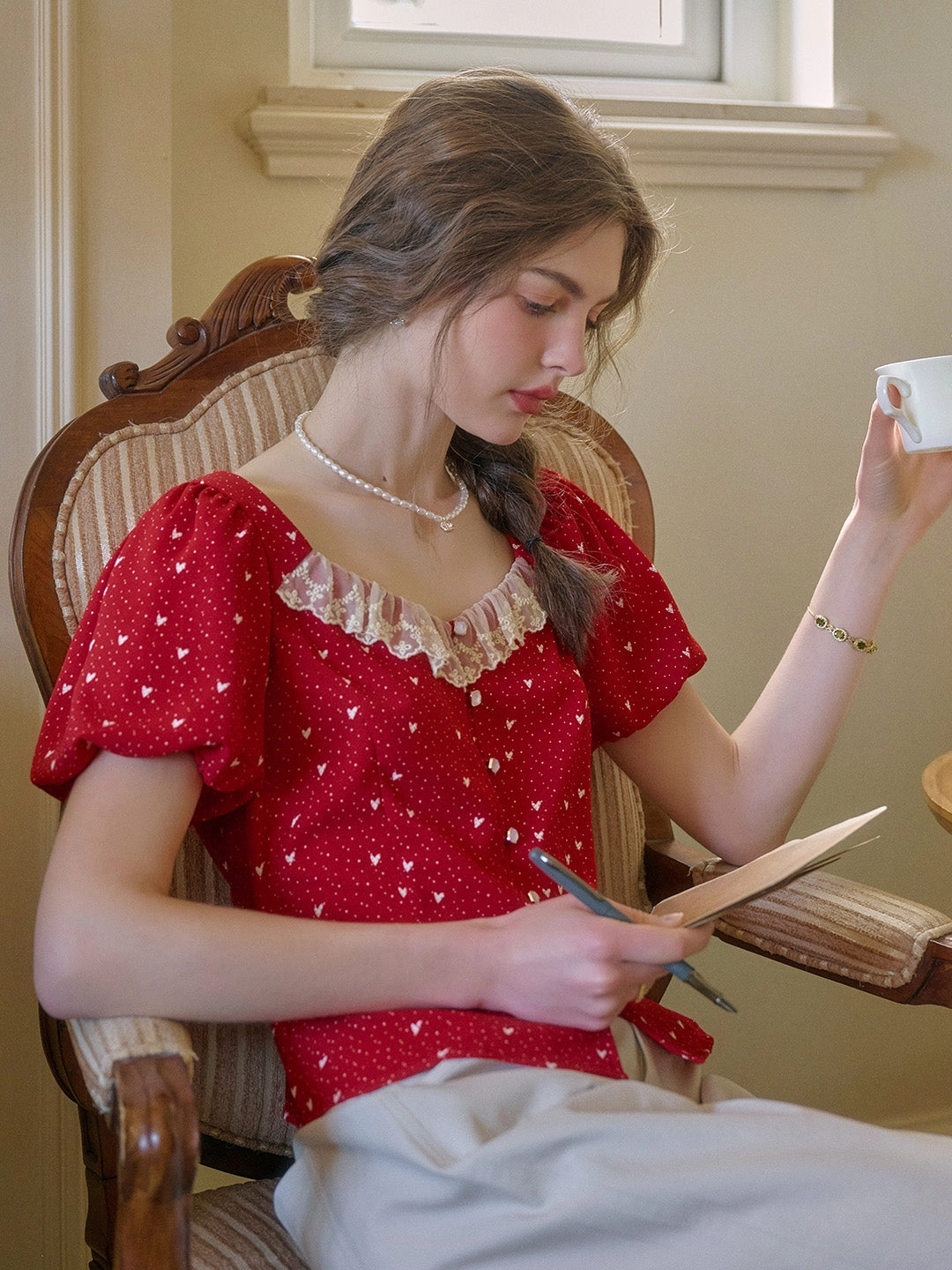 Charlotte Square Neck Lace Puff Sleeves Top Spring Glow