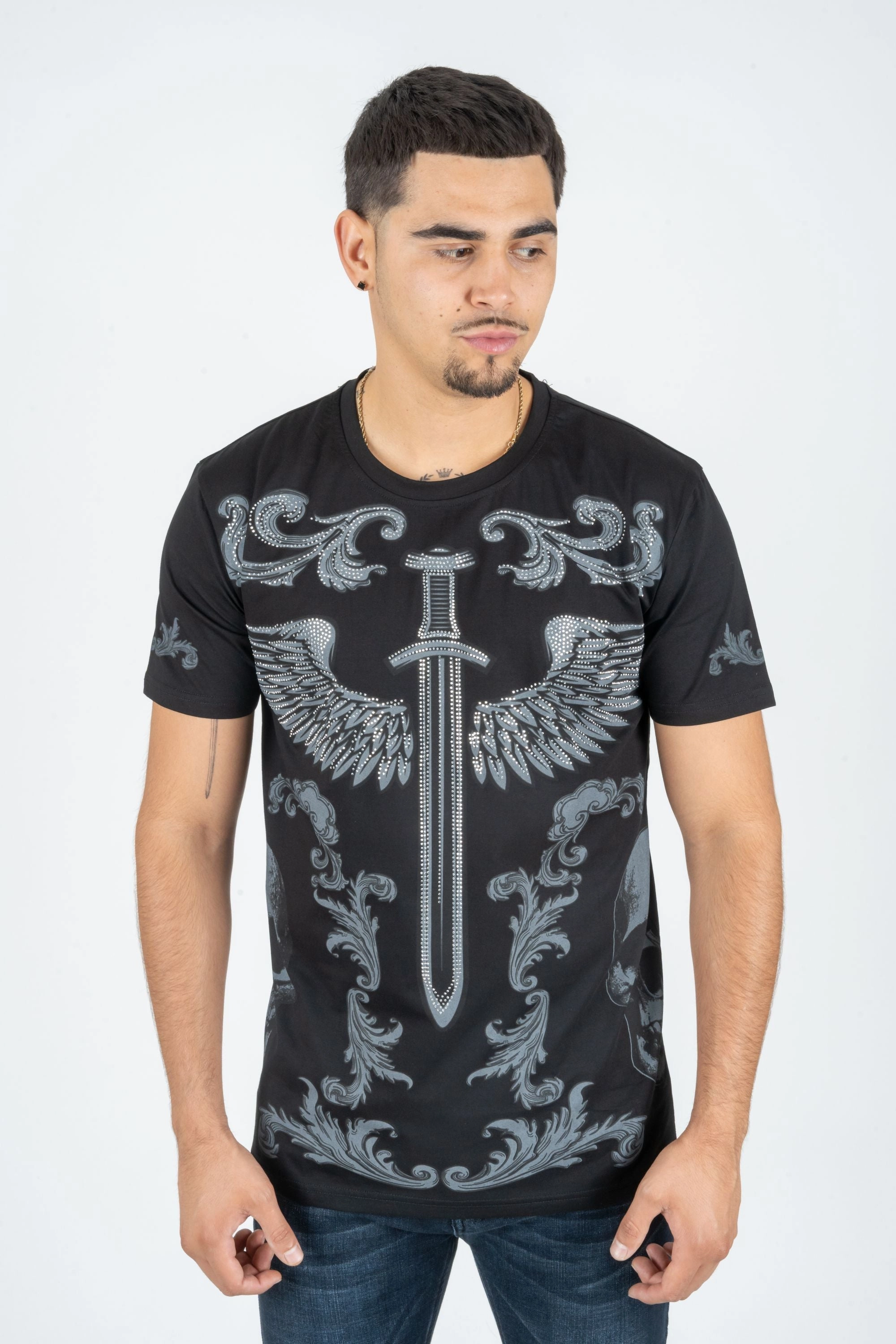 Informal charm Men's Cotton Black Rhinestone T-shirt