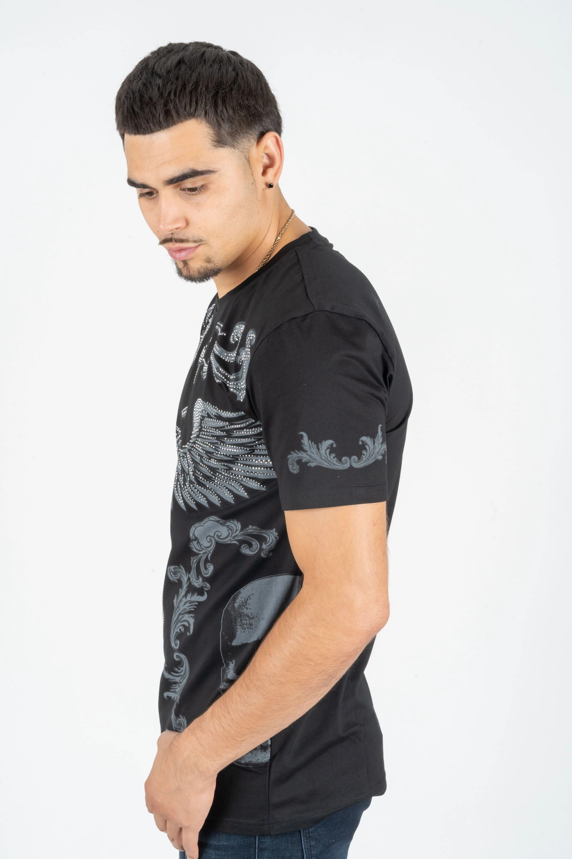 Breathable mesh lining Men's Cotton Black Rhinestone T-shirt