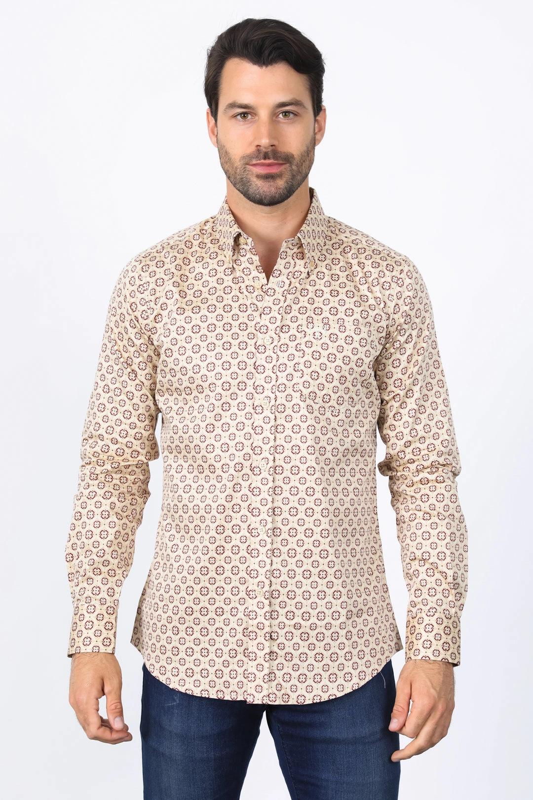 Anti Static Fabric Mens Satin Cotton Modern Fit Khaki Long Sleeve Shirt