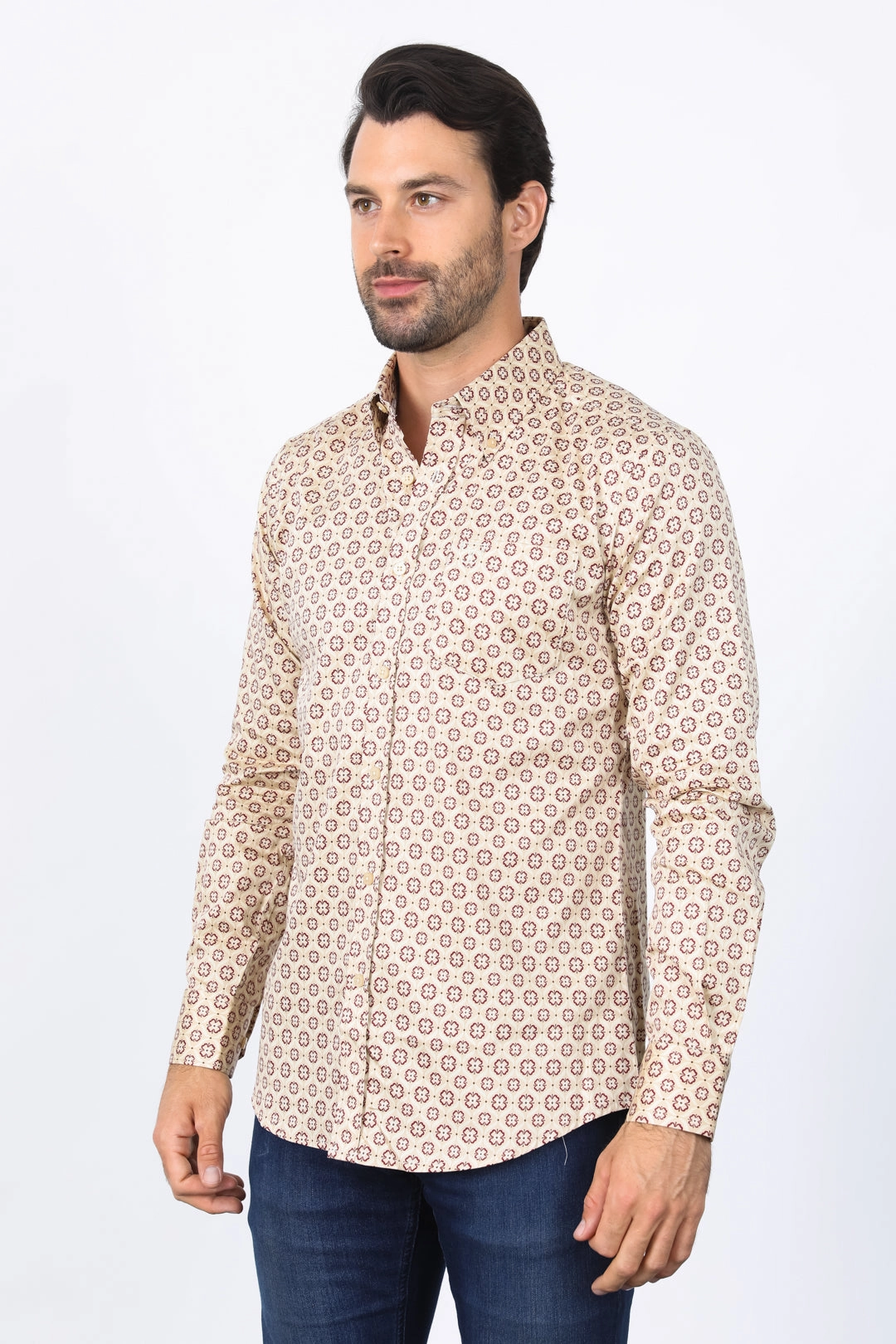 Classic Comfort Country Escape Mens Satin Cotton Modern Fit Khaki Long Sleeve Shirt