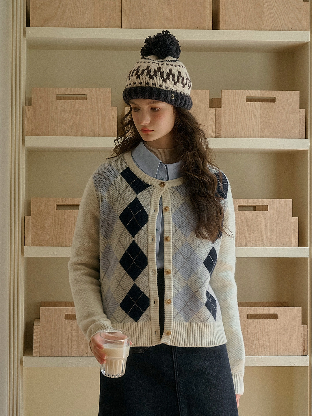 StainRepellentSurface Adley Classic Round Neck Argyle Jacquard 100% Wool Cardigan