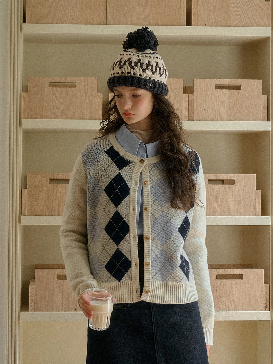 Happy Core Adley Classic Round Neck Argyle Jacquard 100% Wool Cardigan