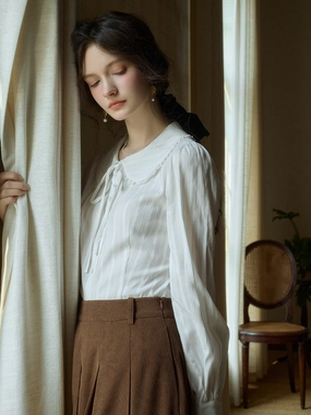 Daily Fit Addilyn Romantic Doll Collar Lace Stitching Tie Eedwardian Style Blouse