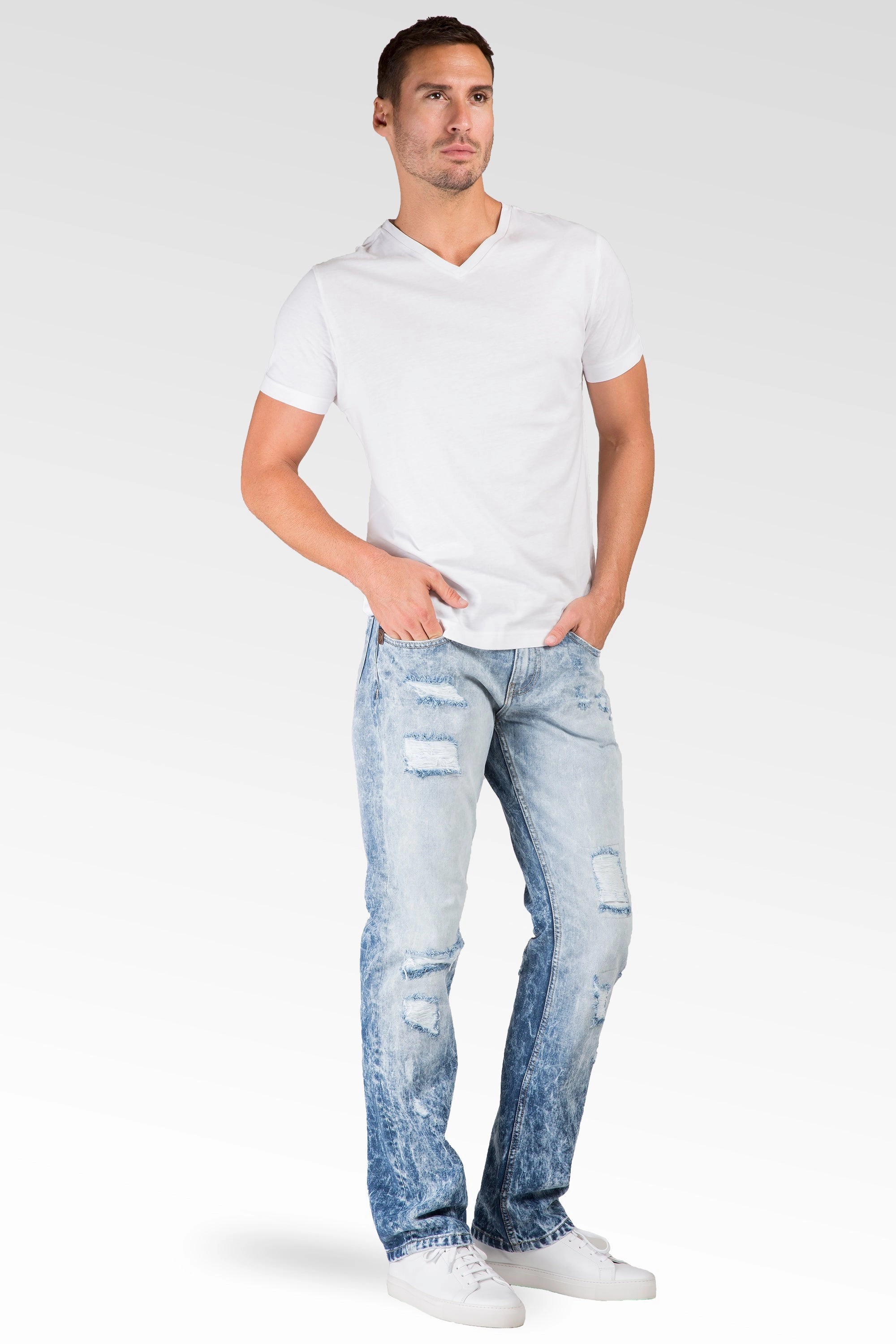 Quick Core Brunch Fit Slim Straight Cloud Blue Premium Denim Signature 5 Pocket Jeans Destroyed & Mended