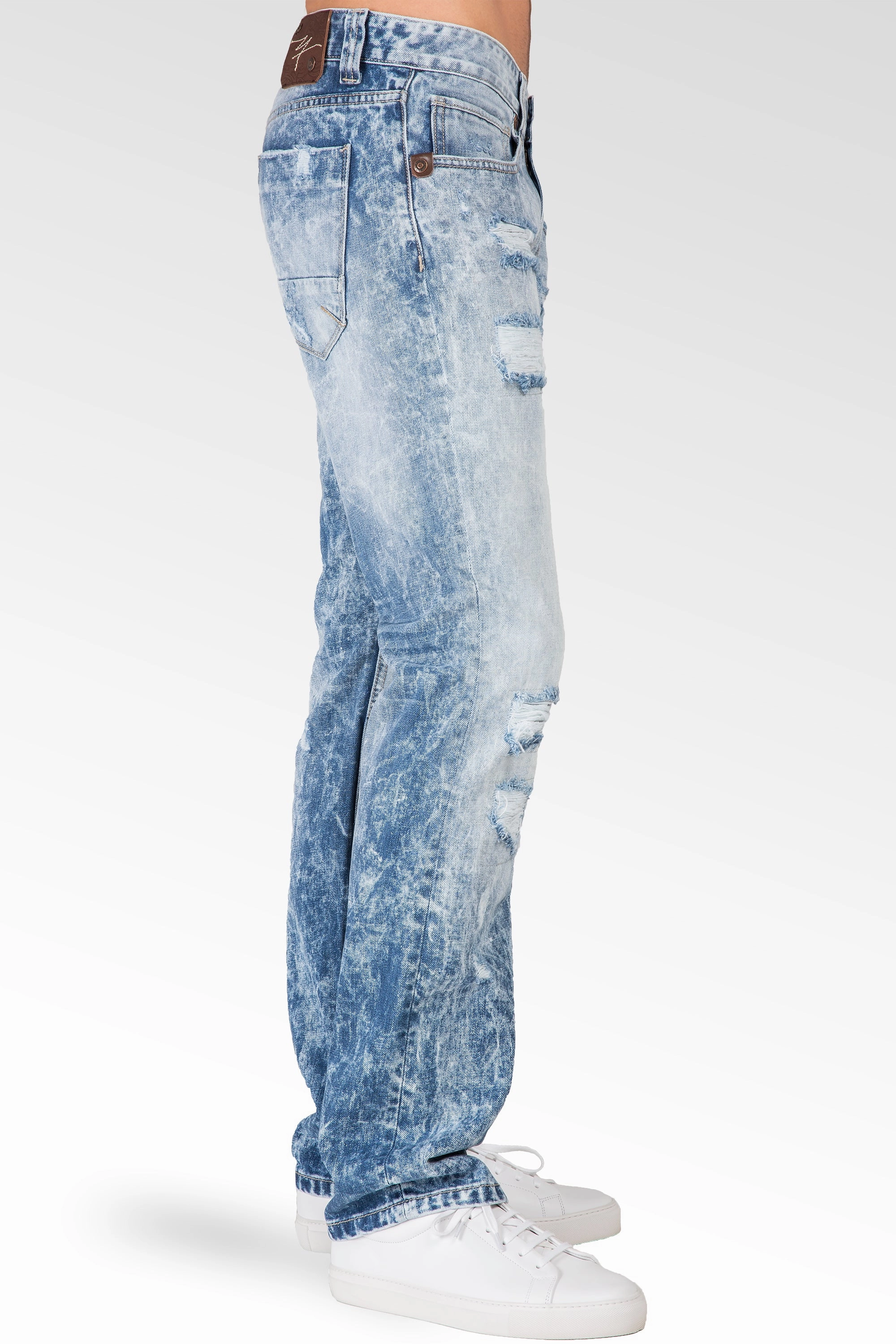 Polish Glow Slim Straight Cloud Blue Premium Denim Signature 5 Pocket Jeans Destroyed & Mended