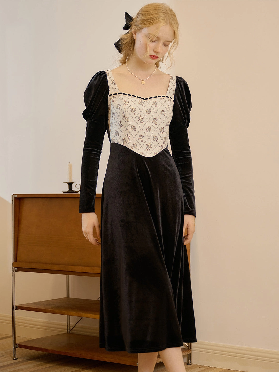 Eliza Square Neck Contrast Patchwork Puff Sleeve Dress All Day