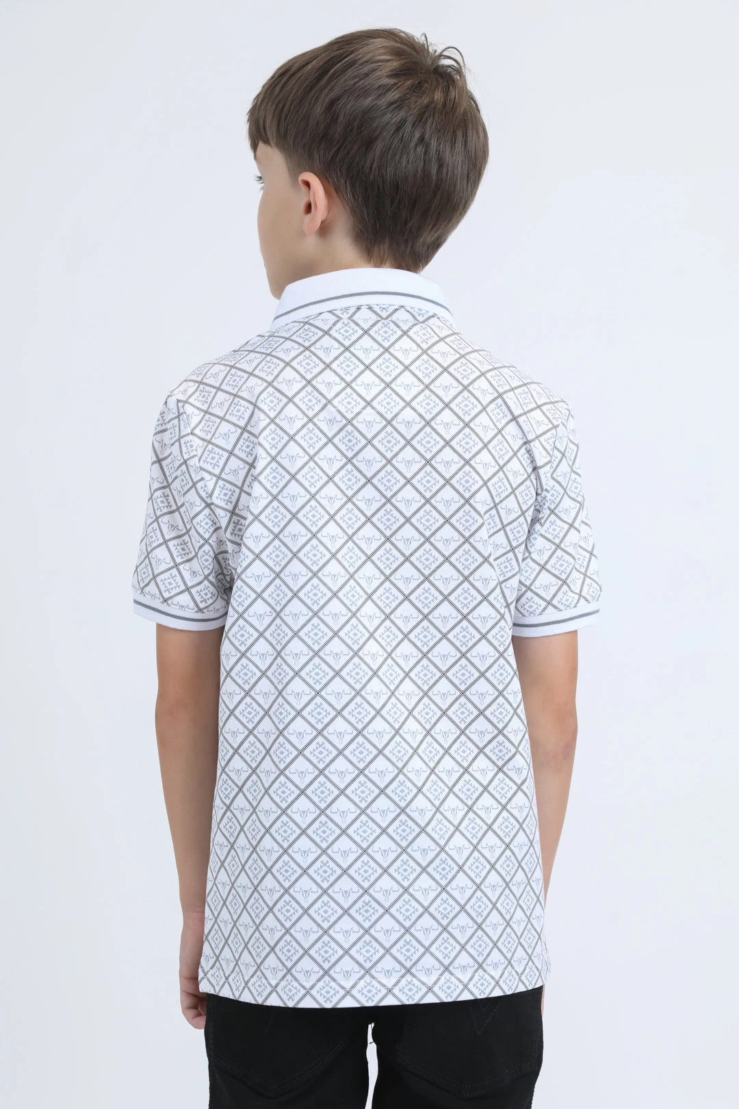 Kids Cotton Modern Fit Stretch Aztec Print White Polo Glam Night