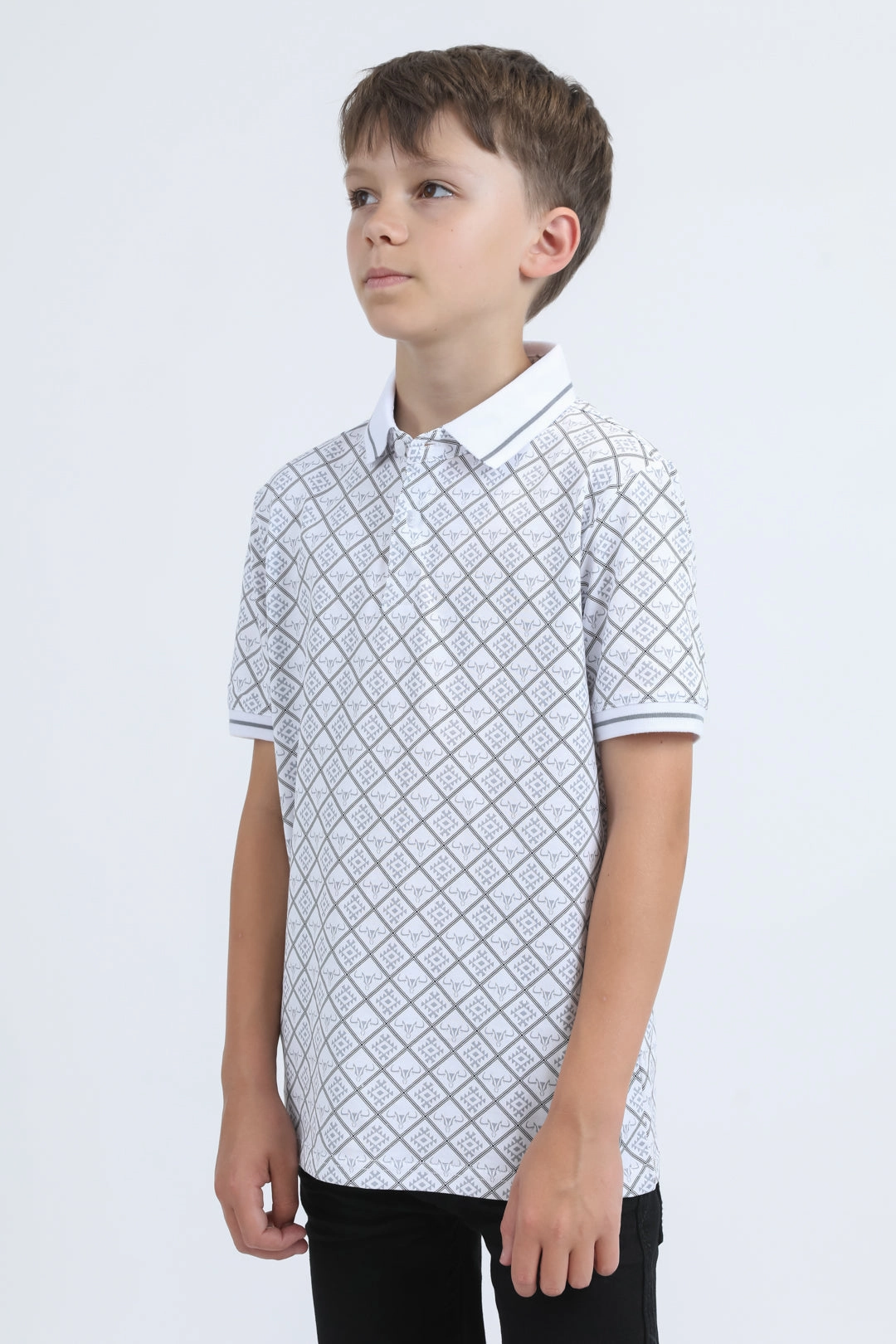 LowMaintenanceMaterial Layered Clothing Kids Cotton Modern Fit Stretch Aztec Print White Polo