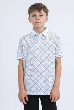 Kids Cotton Modern Fit Stretch Aztec Print White Polo Easy Layer NoSlipGrip