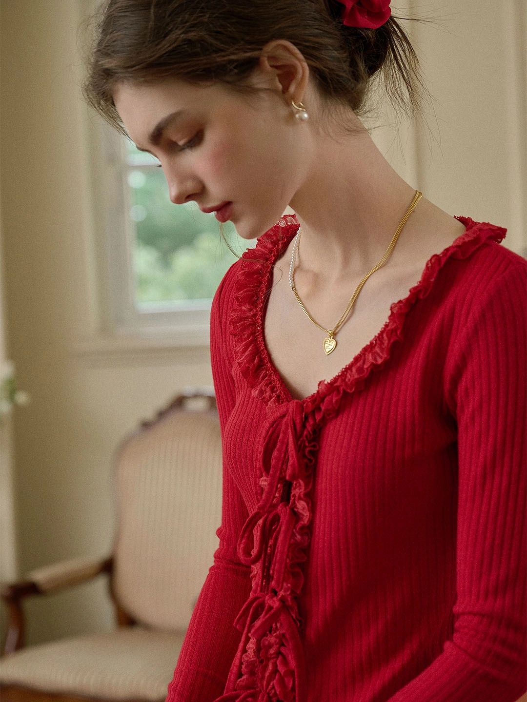 Stylish Hat Trendy Design Phoebe U-neck Bow Lace Patchwork Knitted Cardigan