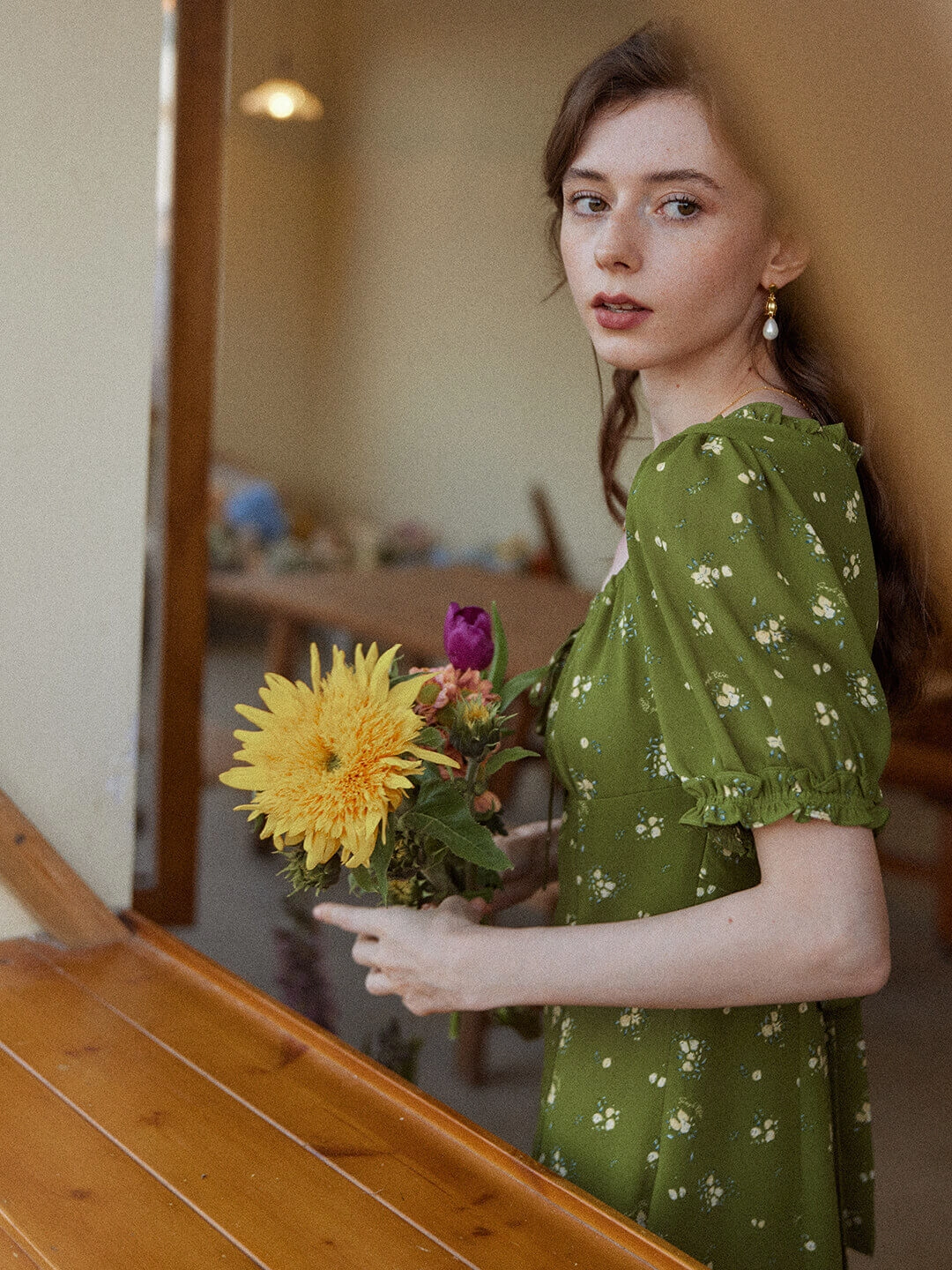 Magnolia Printed Floral Green Midi Dress Bold Fashion Light Fit