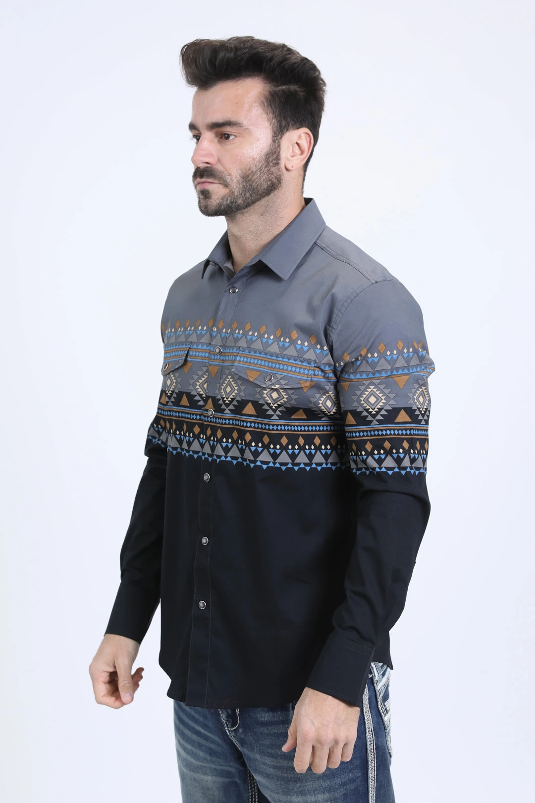 Mens Western Modern Fit Cotton/Spandex Long Sleeve Black Shirt with Snaps Durable Buttons Trendy Look