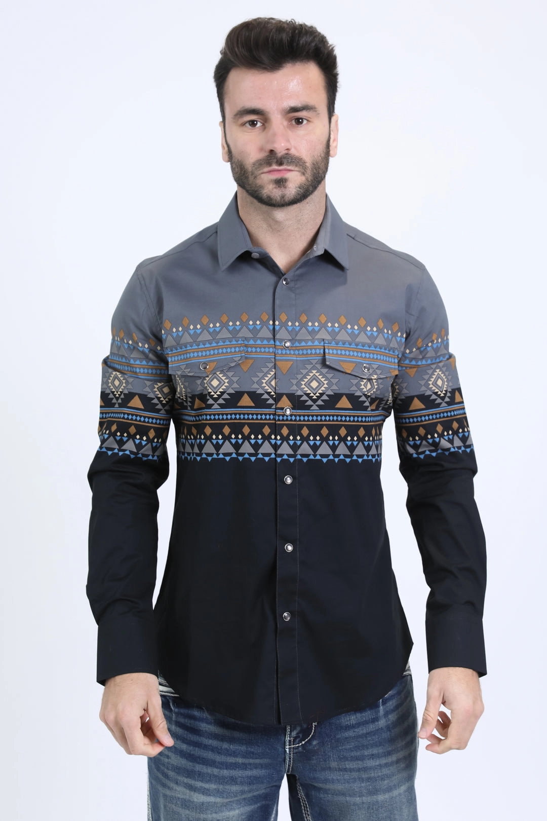 Mens Western Modern Fit Cotton/Spandex Long Sleeve Black Shirt with Snaps All-Season Wear Reinforced Hems