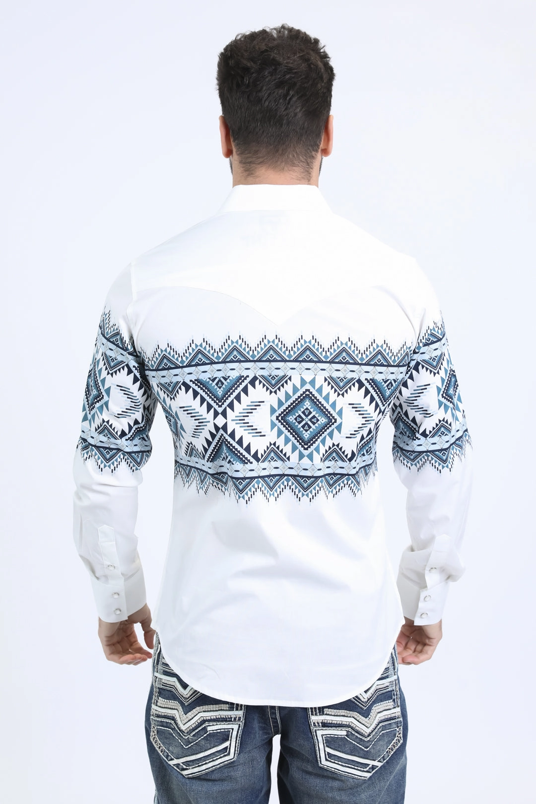 Embellished Neckline Simple Style Mens Western Modern Fit Cotton/Spandex Long Sleeve White Shirt with Snaps