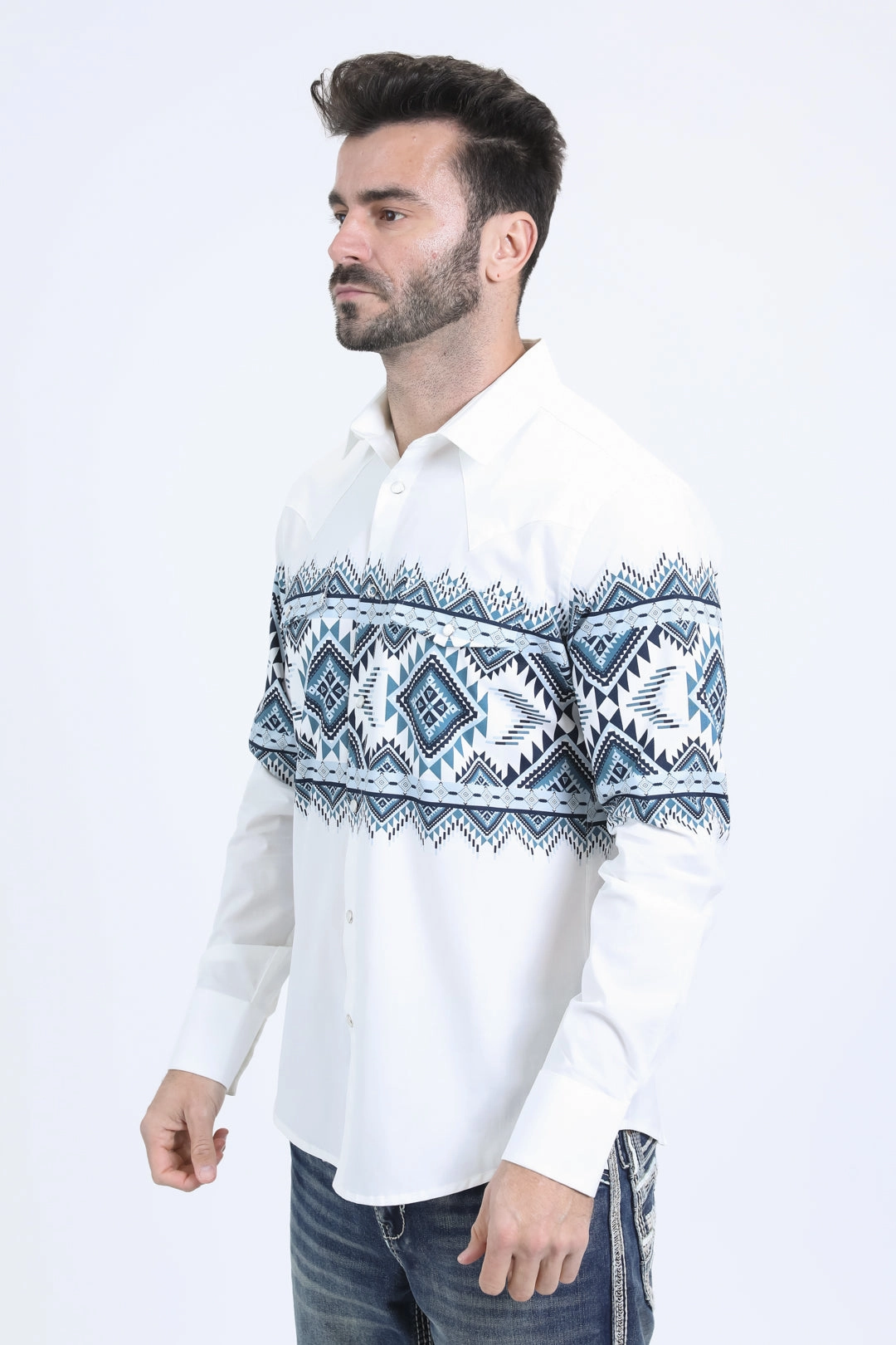 Festival Outfit Mens Western Modern Fit Cotton/Spandex Long Sleeve White Shirt with Snaps