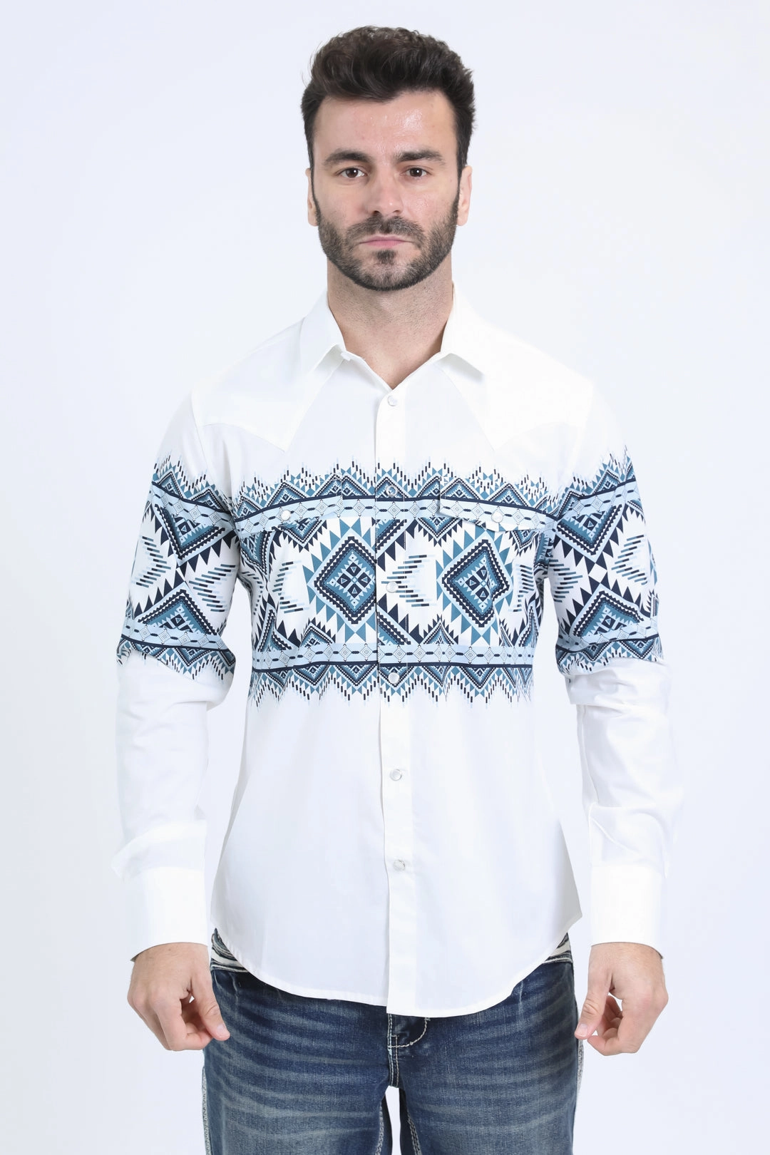 Asymmetrical Cut Mens Western Modern Fit Cotton/Spandex Long Sleeve White Shirt with Snaps
