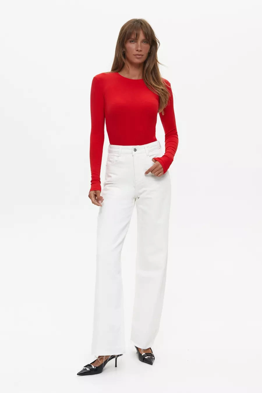 Light Fit Design Red Basic Long Sleeve Bodysuit