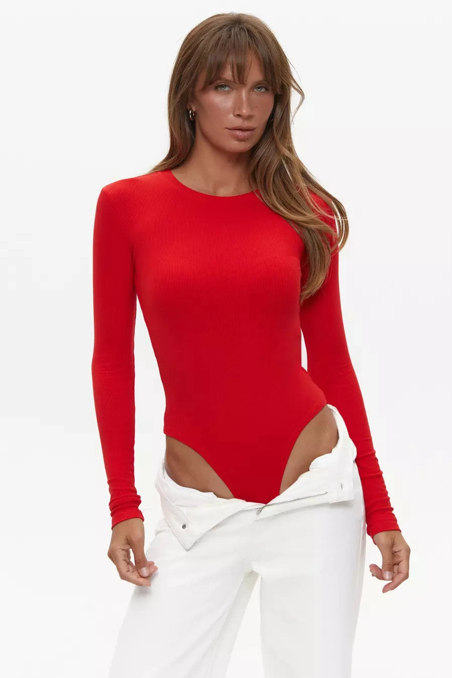 Chunky Yarn Red Basic Long Sleeve Bodysuit